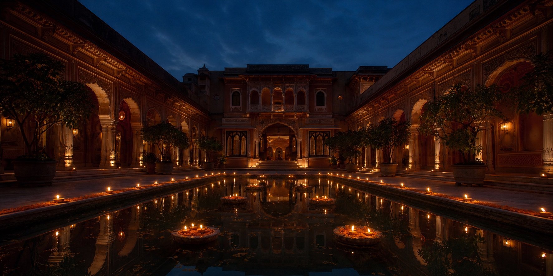 Candlelit Jaipur palace courtyard reflected in a still pool