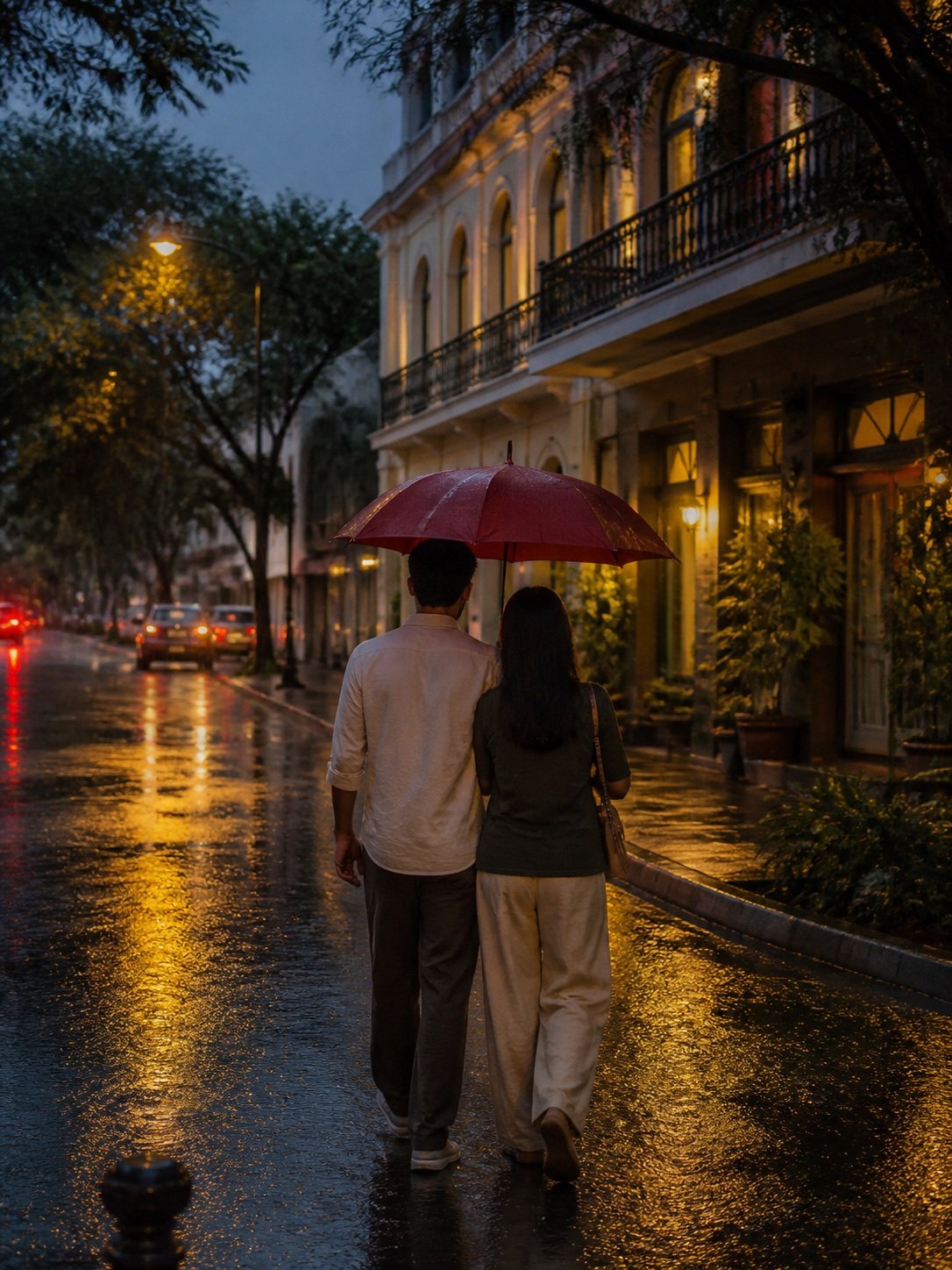 Aarav and Meera sharing an umbrella on a rainy Bengaluru evening