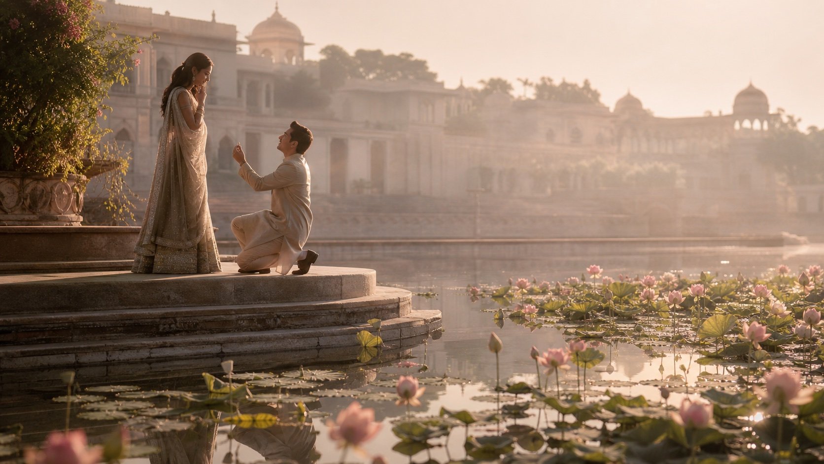 A proposal beside a lotus pond at first light